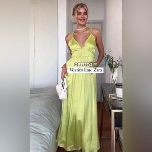 NWT ZARA Satin Ring Strap Maxi Dress Lime Green XS Blogger Favorite $129